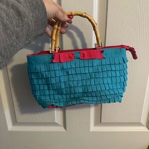 Teal and Pink Handbag with Bamboo Handle